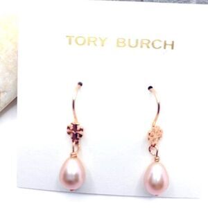 NWOT Tory Burch Rose Gold Pearl French Wire Logo Earrings
